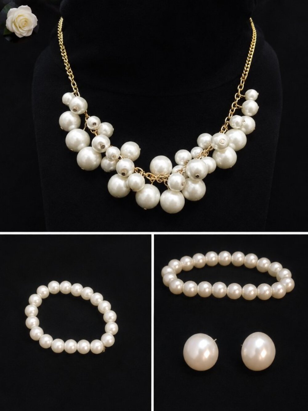 3-Piece Faux Pearl Jewelry Set | Statement Necklace, Bracelet & Stud Earrings